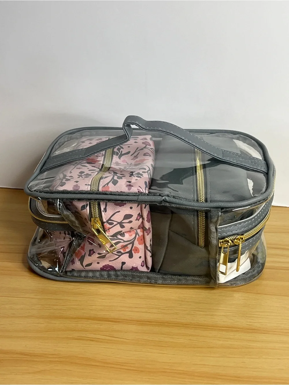 Clear Gray Travel Organizer Bag with Pink Floral Pouches